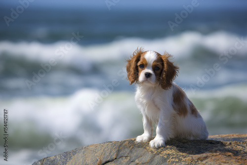 Adorable cavalier king charles spaniel puppy sitting on a rock by the ocean