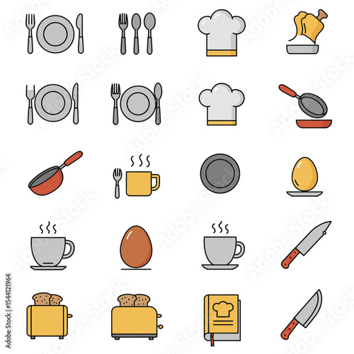 A collection of colorful line icons depicting various cooking and dining utensils, food items, and chef's attire.