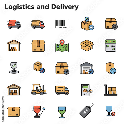Collection of flat icons depicting various logistics and delivery elements, including trucks, boxes, warehouses, and tracking tools.