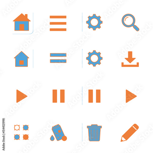 Collection of stylized, two-tone icons representing various user interface functions.