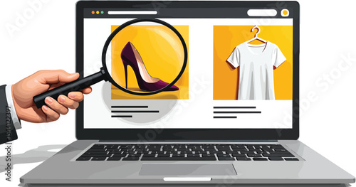 Online shopping for shoes and shirts concept with magnifying glass on laptop screen display view