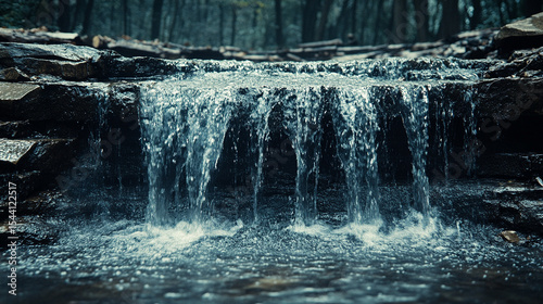 Small waterfall gently cascading over smooth dark grey modern stone cliff. Serene natural scene blending water and rock, evoking calm, purity, and minimalist elegance in nature’s design.

