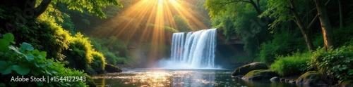 Sunlit waterfall cascading through lush green forest, shadow, path, air