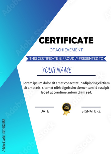 Certificate of achievement with blue accents and place for name and signature