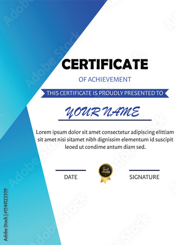 Certificate of achievement with blue accents and place for name and signature