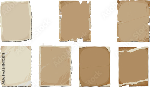 Vintage old paper textures set. Antique ancient parchment background with ripped torn edges