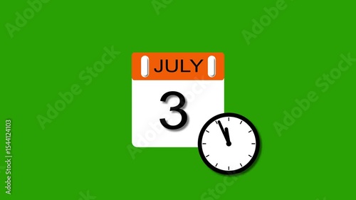 4K calendar animation July 3 date 2025 animation. clock and black background clean and stunning 4k animation.