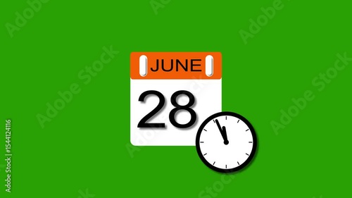 4K calendar animation June 28 date 2025 animation. clock and black background clean and stunning 4k animation.