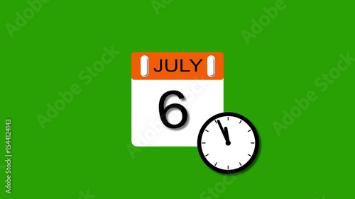 4K calendar animation July 6 date 2025 animation. clock and black background clean and stunning 4k animation.