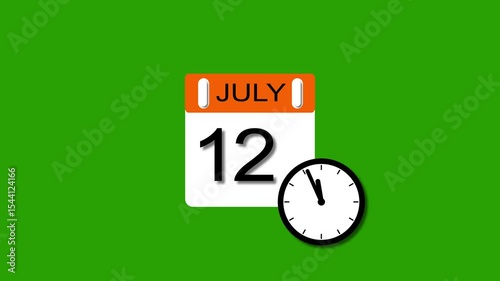 4K calendar animation July 12 date 2025 animation. clock and black background clean and stunning 4k animation.