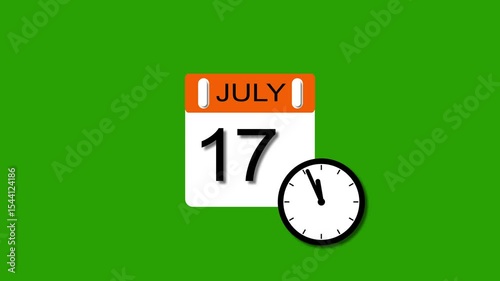 4K calendar animation July 17 date 2025 animation. clock and black background clean and stunning 4k animation.