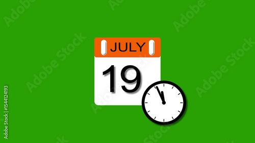 4K calendar animation July 19 date 2025 animation. clock and black background clean and stunning 4k animation.