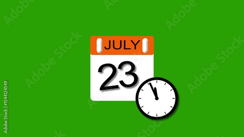 4K calendar animation July 23 date 2025 animation. clock and black background clean and stunning 4k animation.