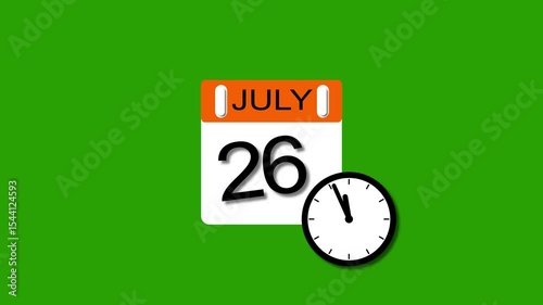 4K calendar animation July 26 date 2025 animation. clock and black background clean and stunning 4k animation.
