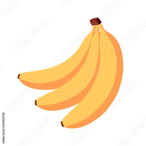 Ripe yellow bananas with curved shape and smooth peel, isolated on white background. For tropical, healthy food, island, vacation, card and summer concepts. Flat vector cartoon illustration.