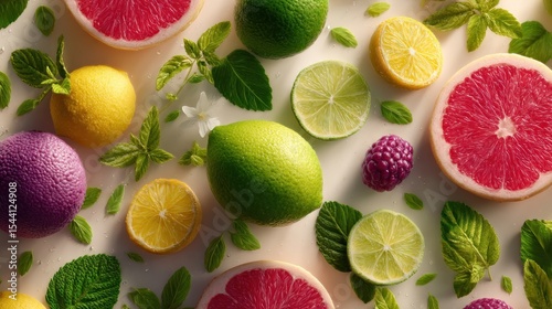 Vibrant assortment of citrus fruits and fresh greenery for a zesty composition