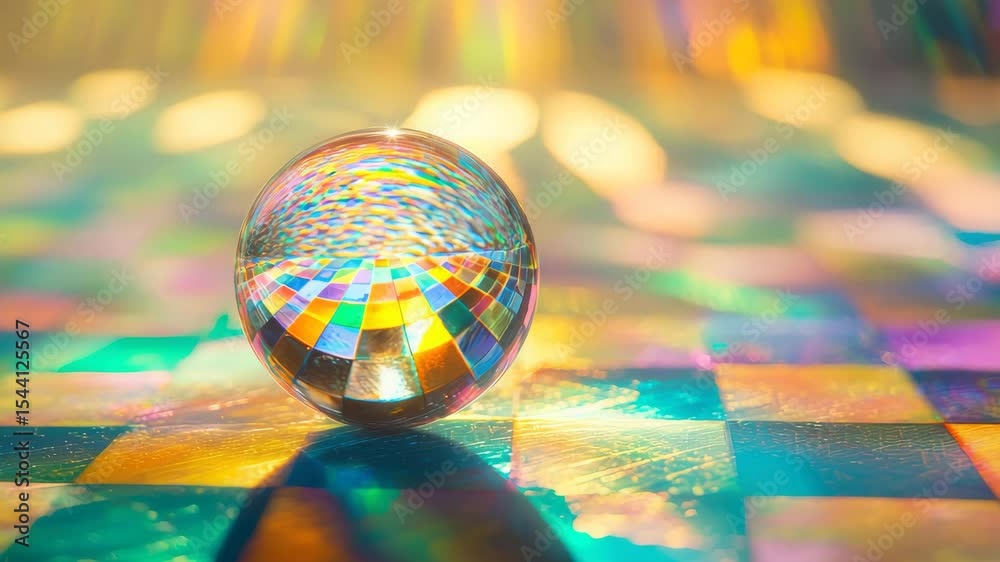 Reflective disco ball on colorful surface with bokeh background.