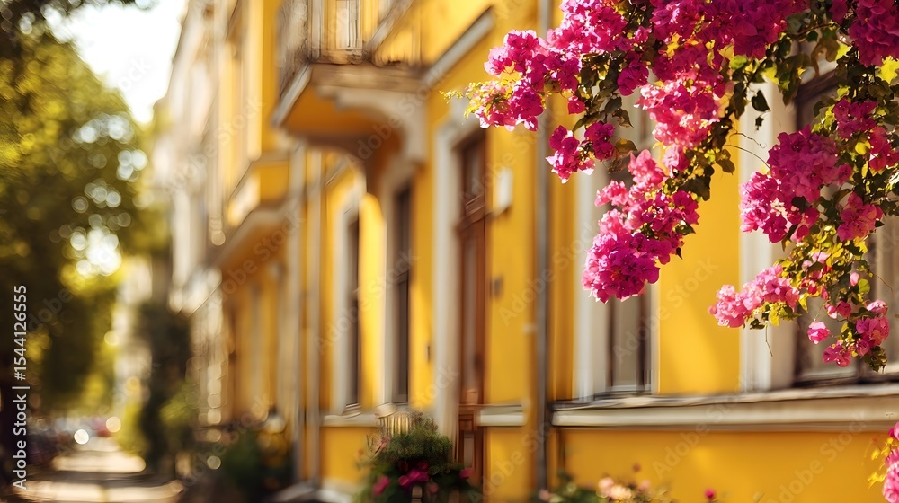 Fototapeta premium Sun - lit Street with Vibrant Yellow Buildings and Blooming Bougainvillea