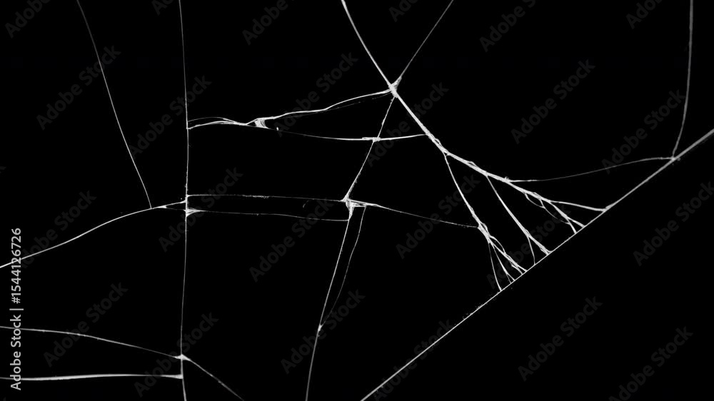 Glass breaking into pieces. Realistic Glass impact crack with detailed fractures on a black background. For overlay, simulating broken glass effects.