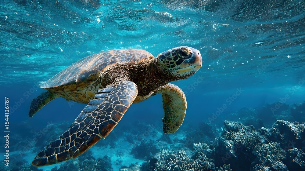 Obraz premium Underwater Sea Turtle Swimming over Coral Reef in Tropical Ocean 