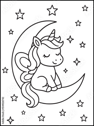 Illustration of a cute baby unicorn cartoon character. Black and white Printable Unicorn coloring page for kids ages 3-8.