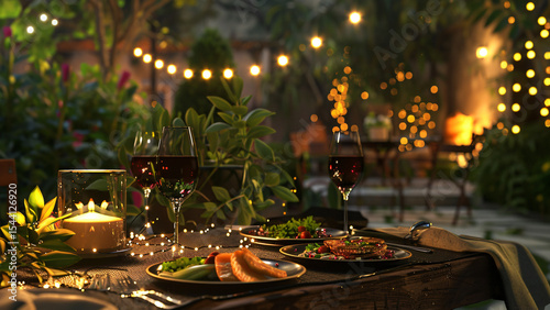 Outdoor candlelit dinner with wine and romantic garden atmosphere