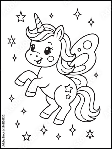 Illustration of a cute baby unicorn cartoon character. Black and white Printable Unicorn coloring page for kids ages 3-8.