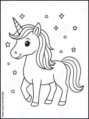 Illustration of a cute baby unicorn cartoon character. Black and white Printable Unicorn coloring page for kids ages 3-8.