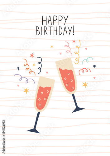 Hand drawn birthday illustration with two champagne glasses, colorful confetti, and festive stars on a striped background. Cheerful celebration design for greeting cards, party invites