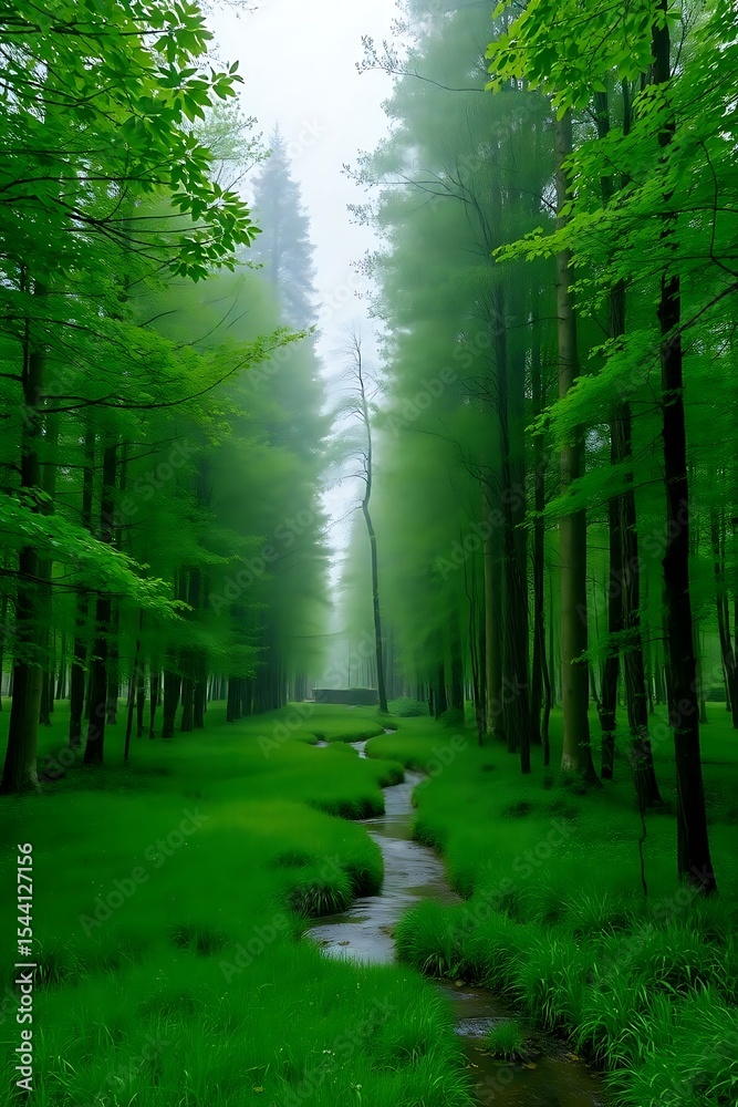 Obraz premium Misty Green Forest Path Serene Nature Scene with Stream
