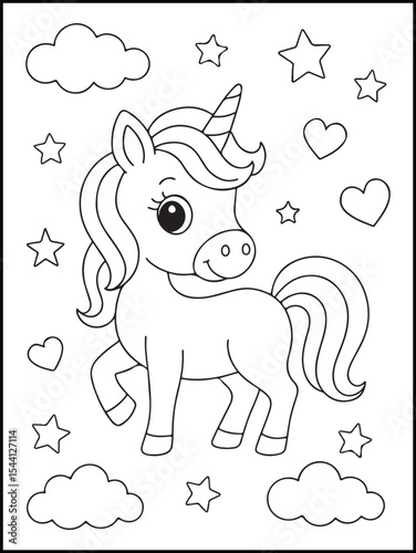 Illustration of a cute baby unicorn cartoon character. Black and white Printable Unicorn coloring page for kids ages 3-8.