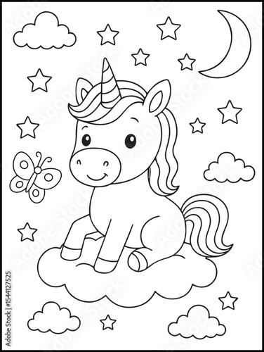 Illustration of a cute baby unicorn cartoon character. Black and white Printable Unicorn coloring page for kids ages 3-8.