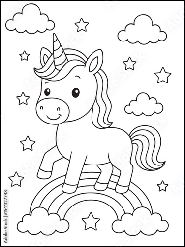 Illustration of a cute baby unicorn cartoon character. Black and white Printable Unicorn coloring page for kids ages 3-8.