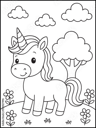 Illustration of a cute baby unicorn cartoon character. Black and white Printable Unicorn coloring page for kids ages 3-8.