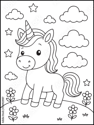 Illustration of a cute baby unicorn cartoon character. Black and white Printable Unicorn coloring page for kids ages 3-8.