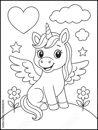 Illustration of a cute baby unicorn cartoon character. Black and white Printable Unicorn coloring page for kids ages 3-8.