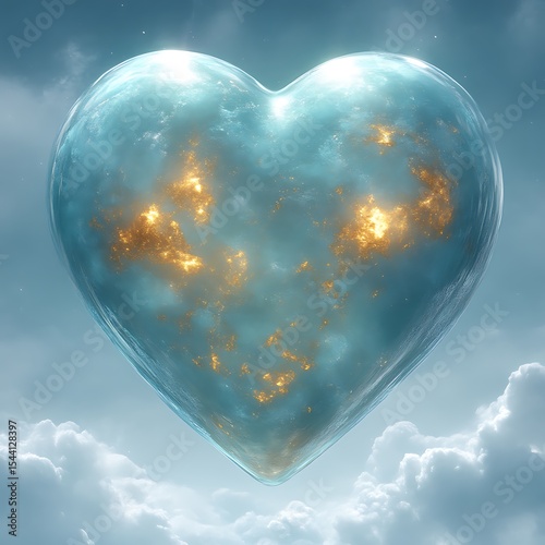 Celestial heart, glowing embers within translucent form, floats amidst clouds