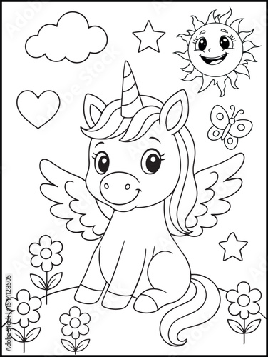 Illustration of a cute baby unicorn cartoon character. Black and white Printable Unicorn coloring page for kids ages 3-8.