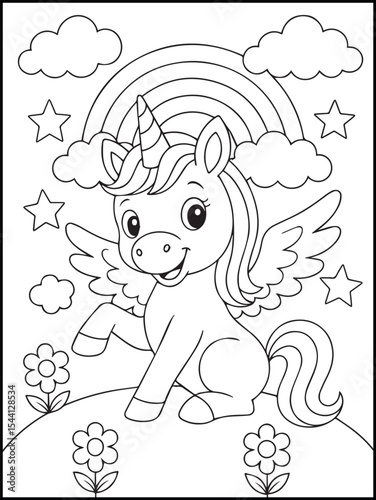 Illustration of a cute baby unicorn cartoon character. Black and white Printable Unicorn coloring page for kids ages 3-8.