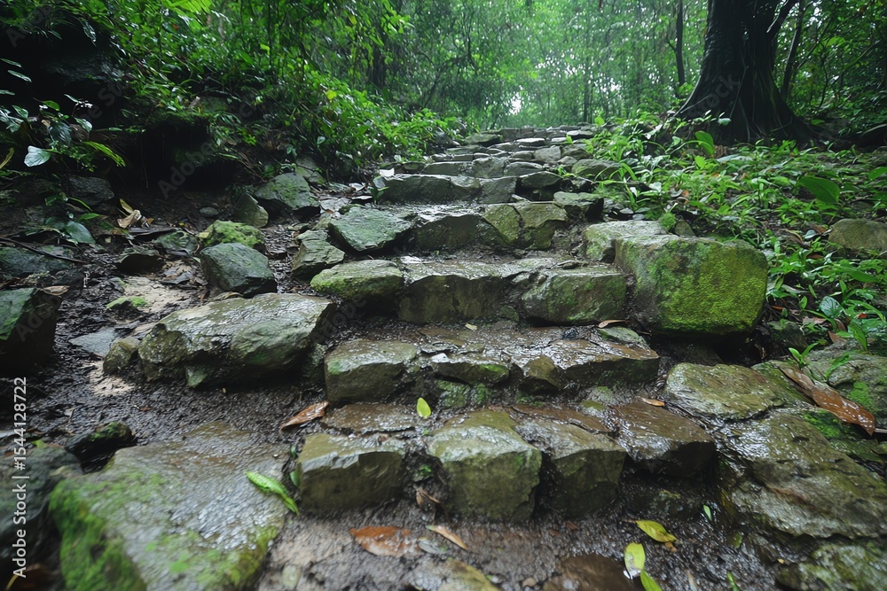 Fototapeta premium Mossy Stone Pathway in Dense Green Forest with Overhanging Trees