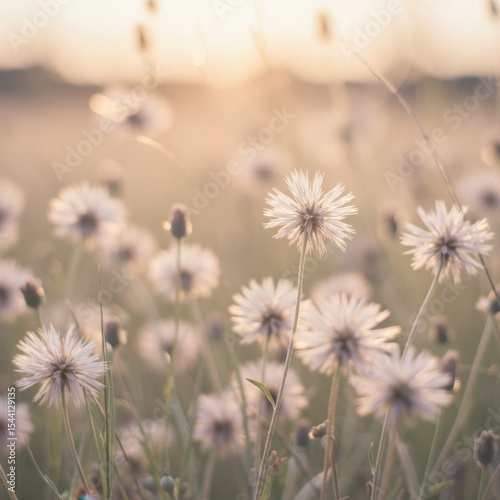Serene Sunset Meadow: Dandelions Basking in Golden Hour Light