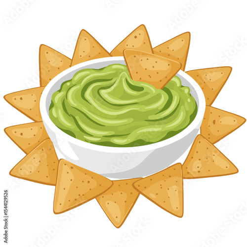Illustration of a bowl of guacamole with tortilla chips arranged around the edge