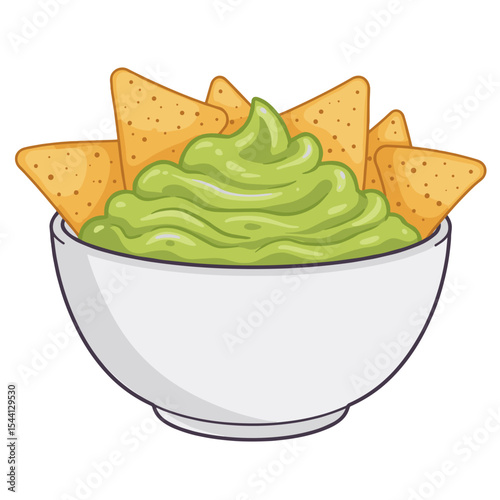 Illustration of a bowl of guacamole with tortilla chips arranged around the edge