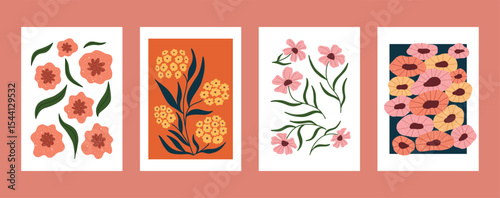 Hand drawn floral compositions featuring modern abstract flowers and leaves. Set of minimalist botanical posters ideal for wall art, home decor, and nature-inspired prints.