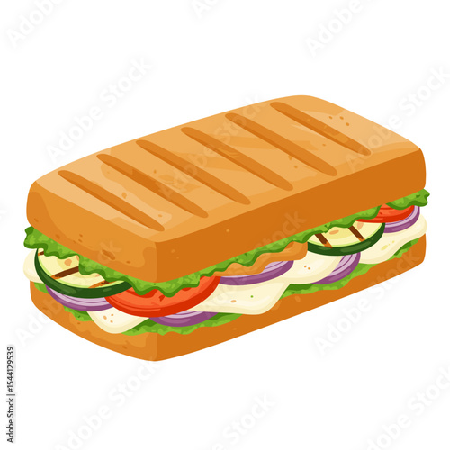 Flat Illustration of a grilled vegetable panini sandwich with melted mozzarella and pesto
