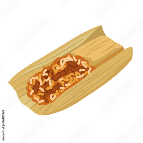 Flat Illustration of a traditional tamale wrapped in corn husk, slightly open to show the filling