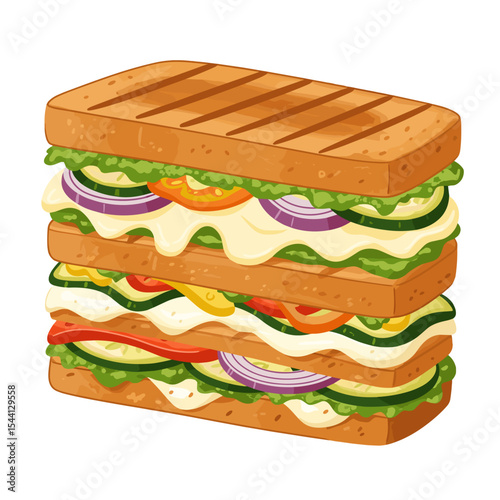 Flat Illustration of a grilled vegetable panini sandwich with melted mozzarella and pesto