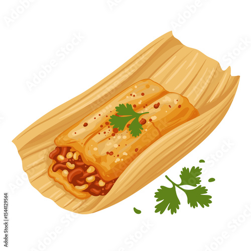 Flat Illustration of a traditional tamale wrapped in corn husk, slightly open to show the filling