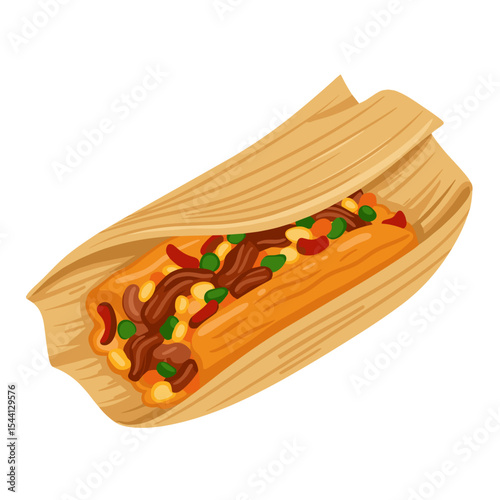 Flat Illustration of a traditional tamale wrapped in corn husk, slightly open to show the filling