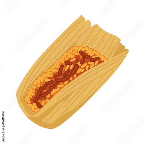 Flat Illustration of a traditional tamale wrapped in corn husk, slightly open to show the filling